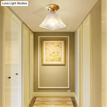 DecorBites™ DecorBites™ Colonial Brass Clear Ribbed Glass Flush Mount Light - 7.5"/8" Width, Cone/Bell Ceiling Fixture, Single Bulb, Ideal for Hallway