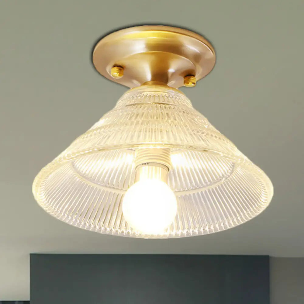 DecorBites™ DecorBites™ Colonial Brass Clear Ribbed Glass Flush Mount Light - 7.5"/8" Width, Cone/Bell Ceiling Fixture, Single Bulb, Ideal for Hallway