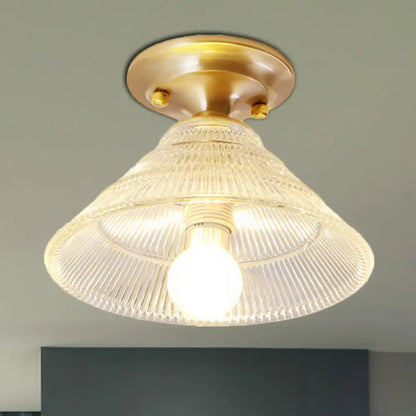 DecorBites™ DecorBites™ Colonial Brass Clear Ribbed Glass Flush Mount Light - 7.5"/8" Width, Cone/Bell Ceiling Fixture, Single Bulb, Ideal for Hallway