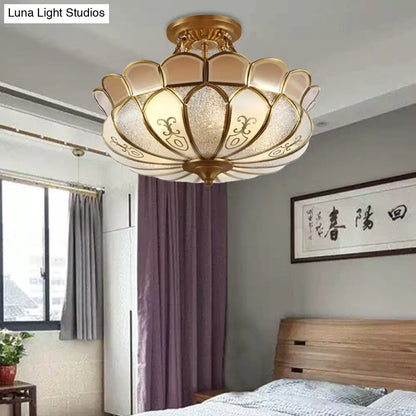 Colonial Brass Dining Room Ceiling Light Fixture - Scalloped Semi-Flush Mount, Opaque Glass, 4 Bulbs