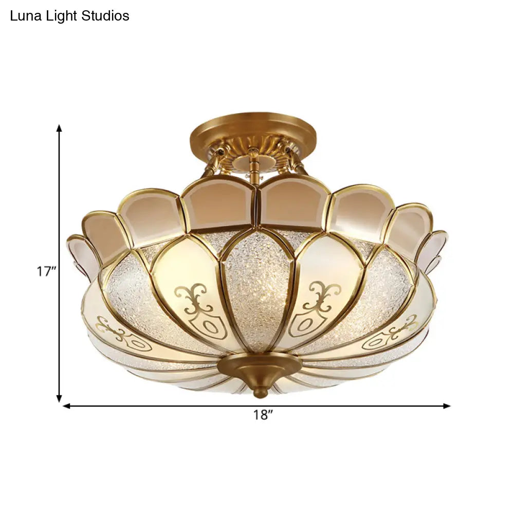 Colonial Brass Dining Room Ceiling Light Fixture - Scalloped Semi-Flush Mount, Opaque Glass, 4 Bulbs