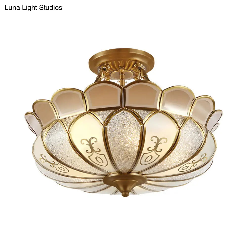 Colonial Brass Dining Room Ceiling Light Fixture - Scalloped Semi-Flush Mount, Opaque Glass, 4 Bulbs