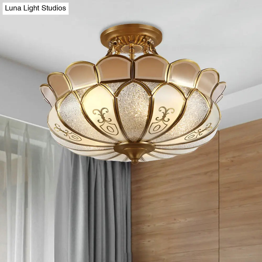 Colonial Brass Dining Room Ceiling Light Fixture - Scalloped Semi-Flush Mount, Opaque Glass, 4 Bulbs