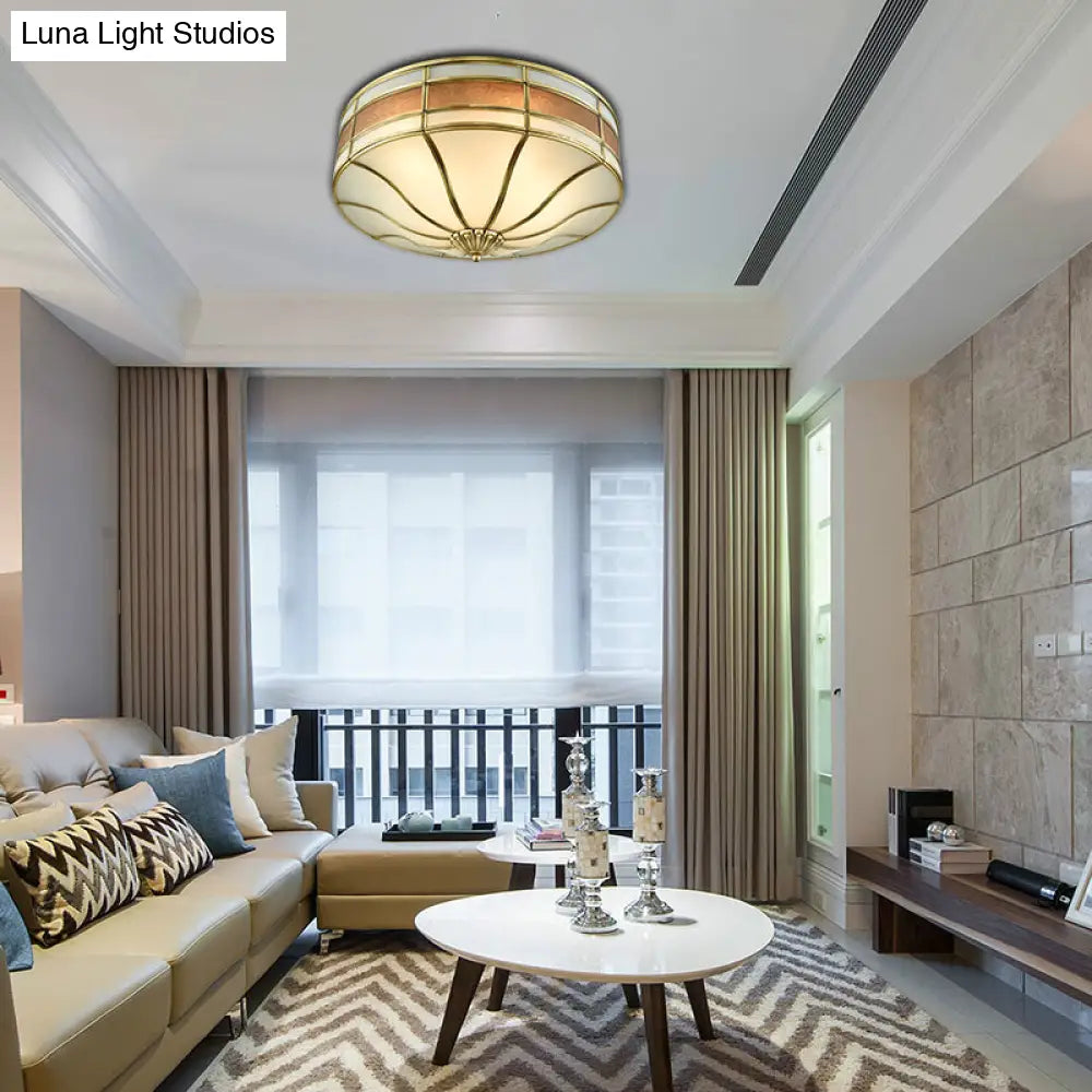 DecorBites™ Colonial Brass Drum Ceiling Light with Opaline Glass - 3 Bulb Flush Mount for Bedroom