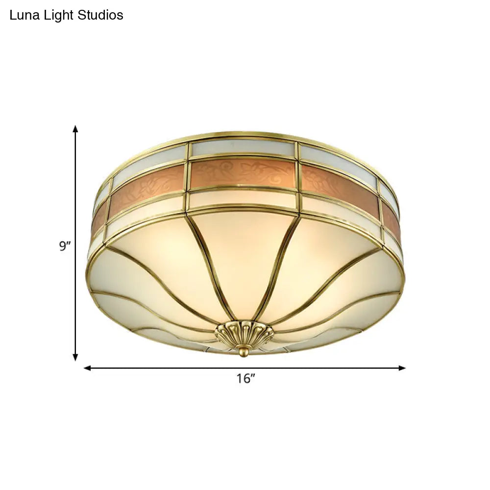 DecorBites™ Colonial Brass Drum Ceiling Light with Opaline Glass - 3 Bulb Flush Mount for Bedroom