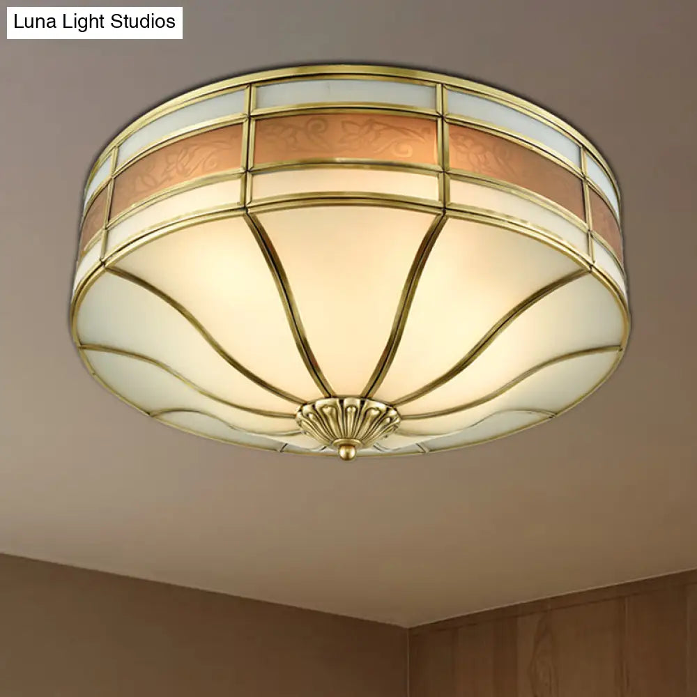 DecorBites™ Colonial Brass Drum Ceiling Light with Opaline Glass - 3 Bulb Flush Mount for Bedroom