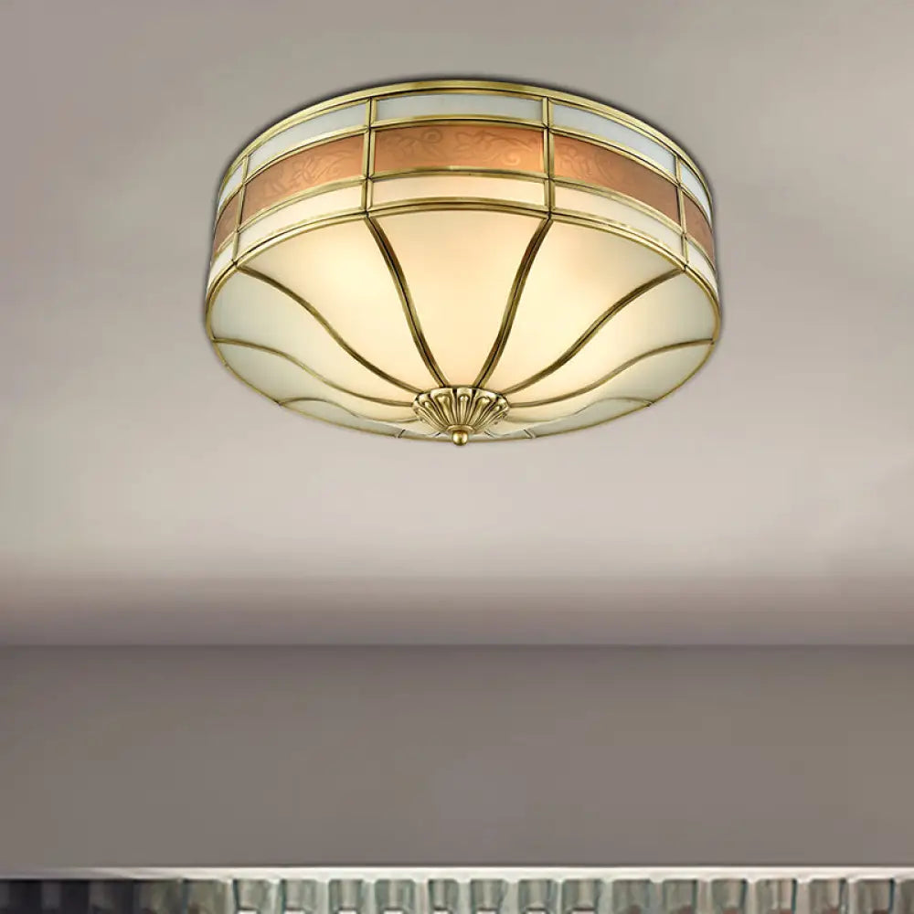 DecorBites™ Colonial Brass Drum Ceiling Light with Opaline Glass - 3 Bulb Flush Mount for Bedroom