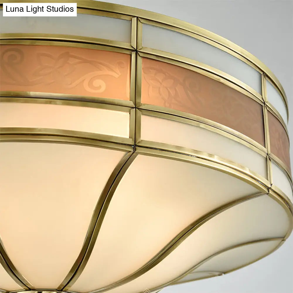 DecorBites™ Colonial Brass Drum Ceiling Light with Opaline Glass - 3 Bulb Flush Mount for Bedroom