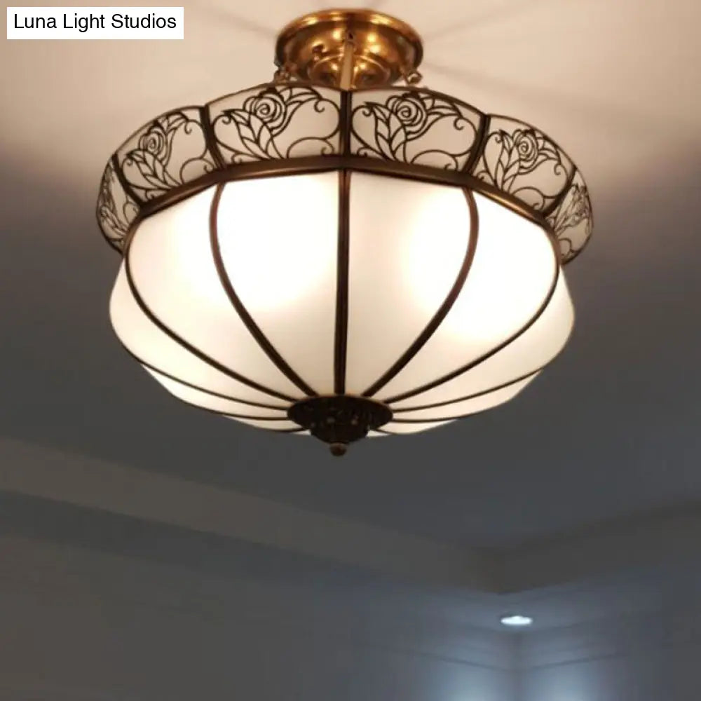 DecorBites™ DecorBites™ Colonial Brass Flower Semi Flush Lighting with Milky Glass - 5 Lights Bedroom Ceiling Flush Mount