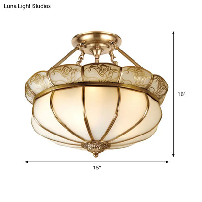 DecorBites™ DecorBites™ Colonial Brass Flower Semi Flush Lighting with Milky Glass - 5 Lights Bedroom Ceiling Flush Mount
