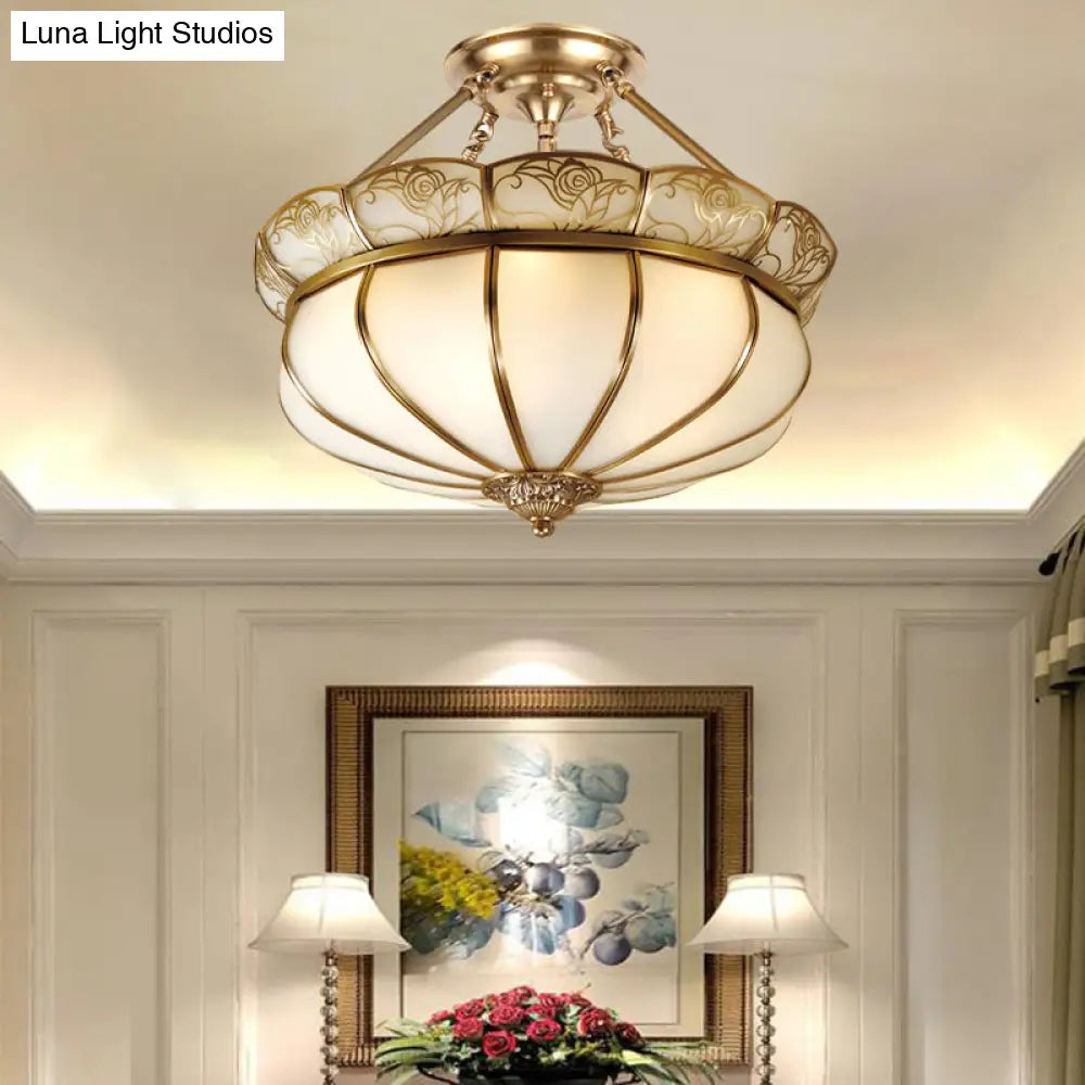 DecorBites™ DecorBites™ Colonial Brass Flower Semi Flush Lighting with Milky Glass - 5 Lights Bedroom Ceiling Flush Mount