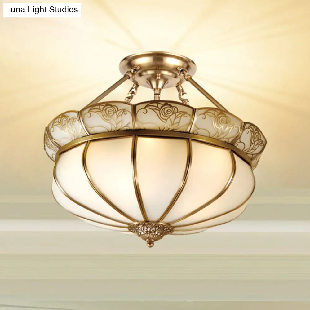 DecorBites™ DecorBites™ Colonial Brass Flower Semi Flush Lighting with Milky Glass - 5 Lights Bedroom Ceiling Flush Mount