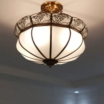 DecorBites™ DecorBites™ Colonial Brass Flower Semi Flush Lighting with Milky Glass - 5 Lights Bedroom Ceiling Flush Mount