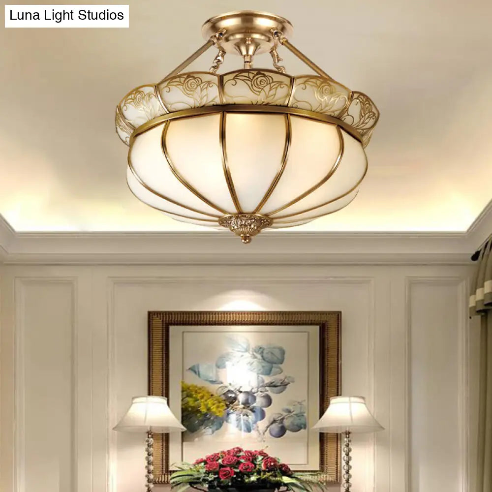 DecorBites™ DecorBites™ Colonial Brass Flower Semi Flush Lighting with Milky Glass - 5 Lights Bedroom Ceiling Flush Mount
