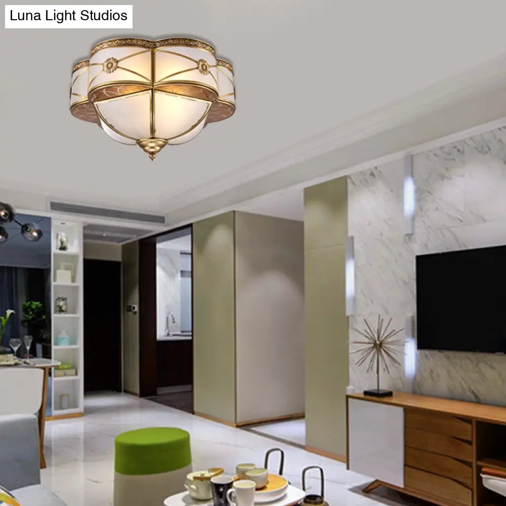 DecorBites™ DecorBites™ Colonial Brass Flush Mount Lamp with Sandblasted Glass Scalloped Ceiling Light for Living Room