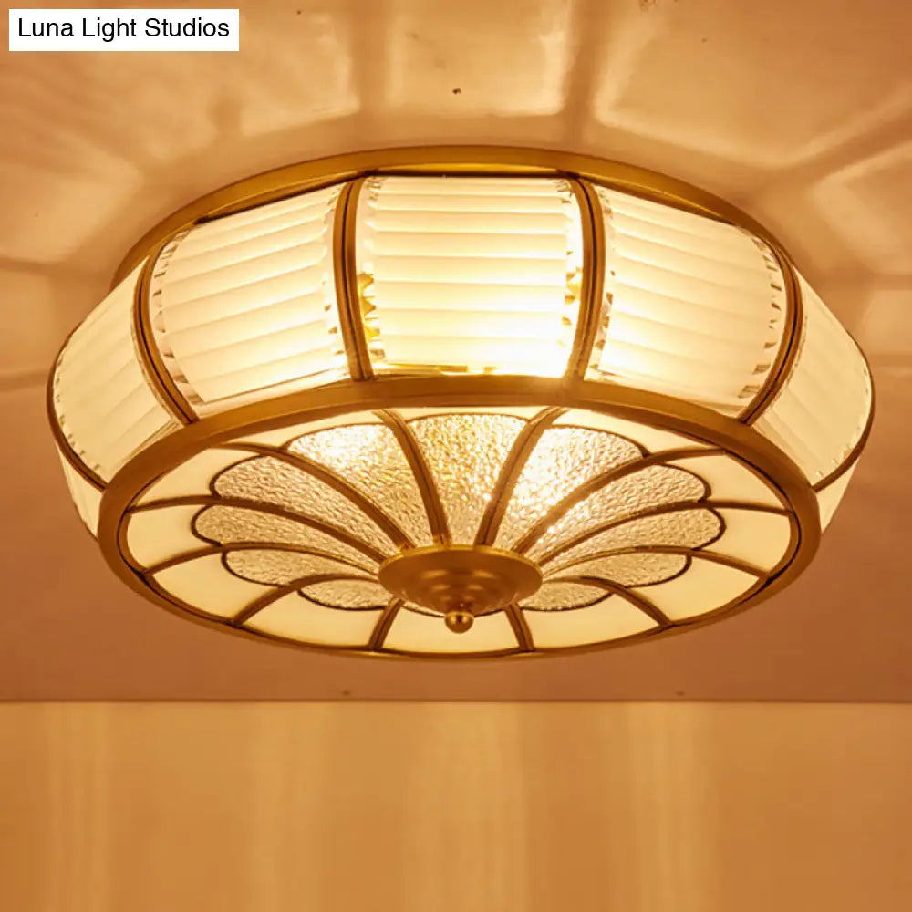 DecorBites™ DecorBites™ Colonial Cream Glass Drum Ceiling Lighting - 3/4 Heads Flush Mount Fixture - Brass Finish - 14"/16.5" Width