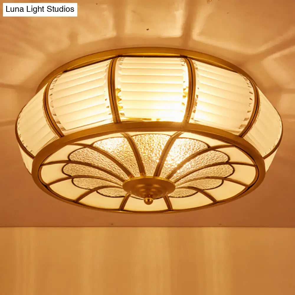 DecorBites™ DecorBites™ Colonial Cream Glass Drum Ceiling Lighting - 3/4 Heads Flush Mount Fixture - Brass Finish - 14"/16.5" Width