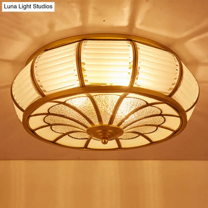 DecorBites™ DecorBites™ Colonial Cream Glass Drum Ceiling Lighting - 3/4 Heads Flush Mount Fixture - Brass Finish - 14"/16.5" Width