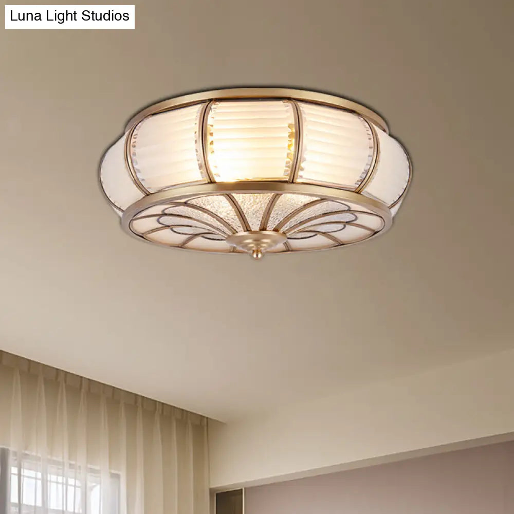 DecorBites™ DecorBites™ Colonial Cream Glass Drum Ceiling Lighting - 3/4 Heads Flush Mount Fixture - Brass Finish - 14"/16.5" Width