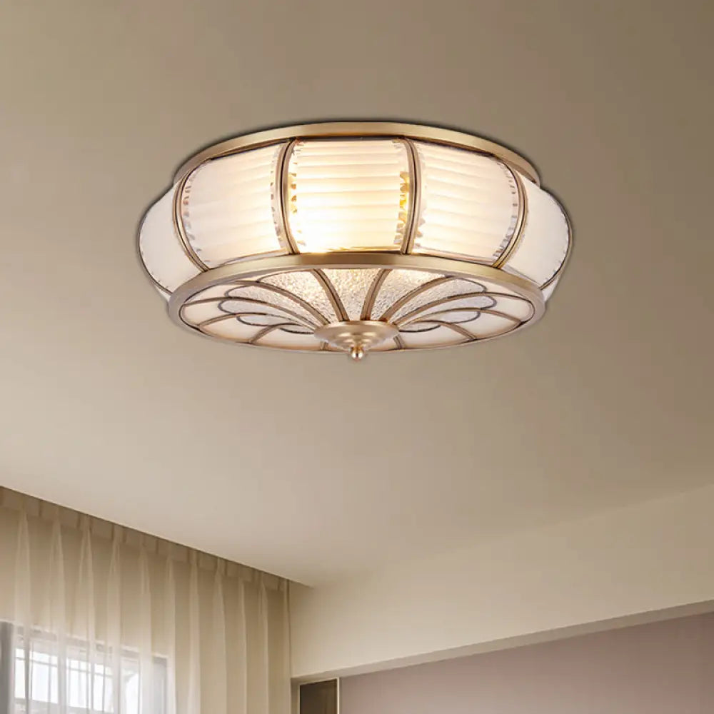 DecorBites™ DecorBites™ Colonial Cream Glass Drum Ceiling Lighting - 3/4 Heads Flush Mount Fixture - Brass Finish - 14"/16.5" Width