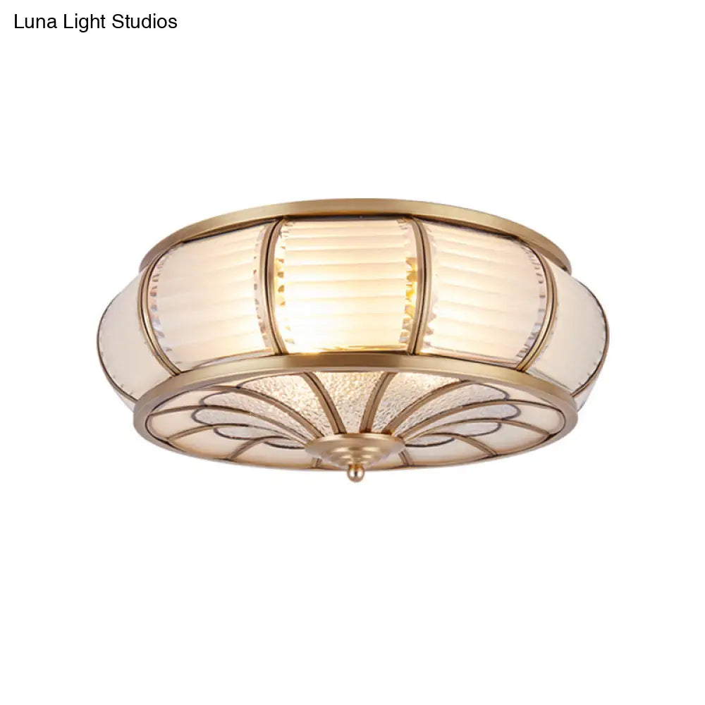 DecorBites™ DecorBites™ Colonial Cream Glass Drum Ceiling Lighting - 3/4 Heads Flush Mount Fixture - Brass Finish - 14"/16.5" Width