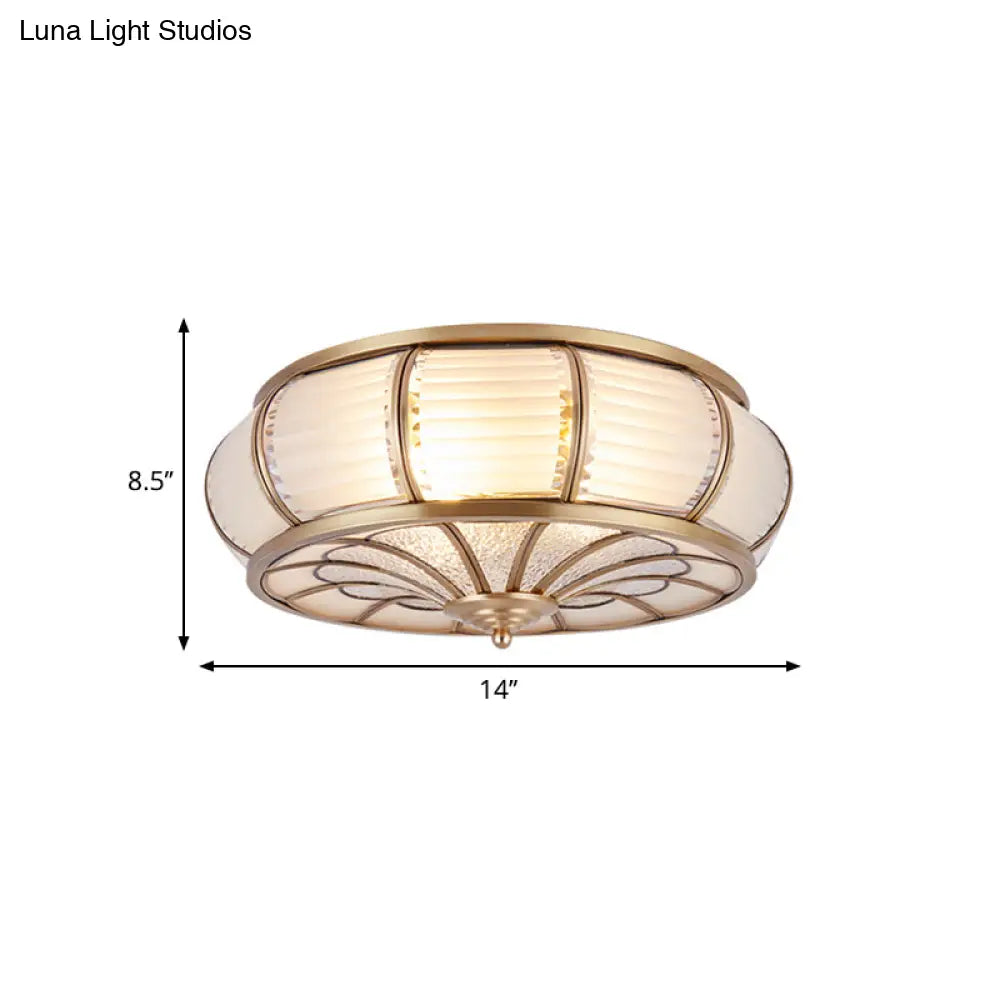 DecorBites™ DecorBites™ Colonial Cream Glass Drum Ceiling Lighting - 3/4 Heads Flush Mount Fixture - Brass Finish - 14"/16.5" Width