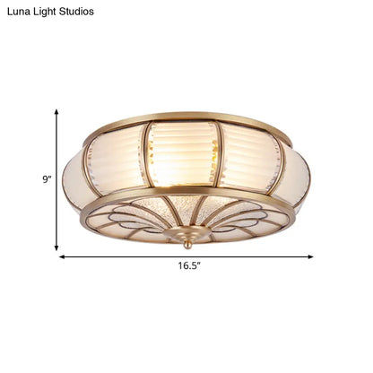 DecorBites™ DecorBites™ Colonial Cream Glass Drum Ceiling Lighting - 3/4 Heads Flush Mount Fixture - Brass Finish - 14"/16.5" Width