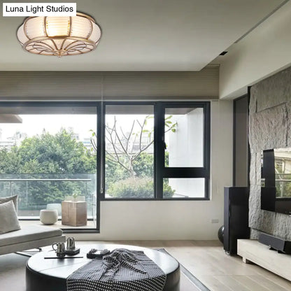 DecorBites™ DecorBites™ Colonial Cream Glass Drum Ceiling Lighting - 3/4 Heads Flush Mount Fixture - Brass Finish - 14"/16.5" Width