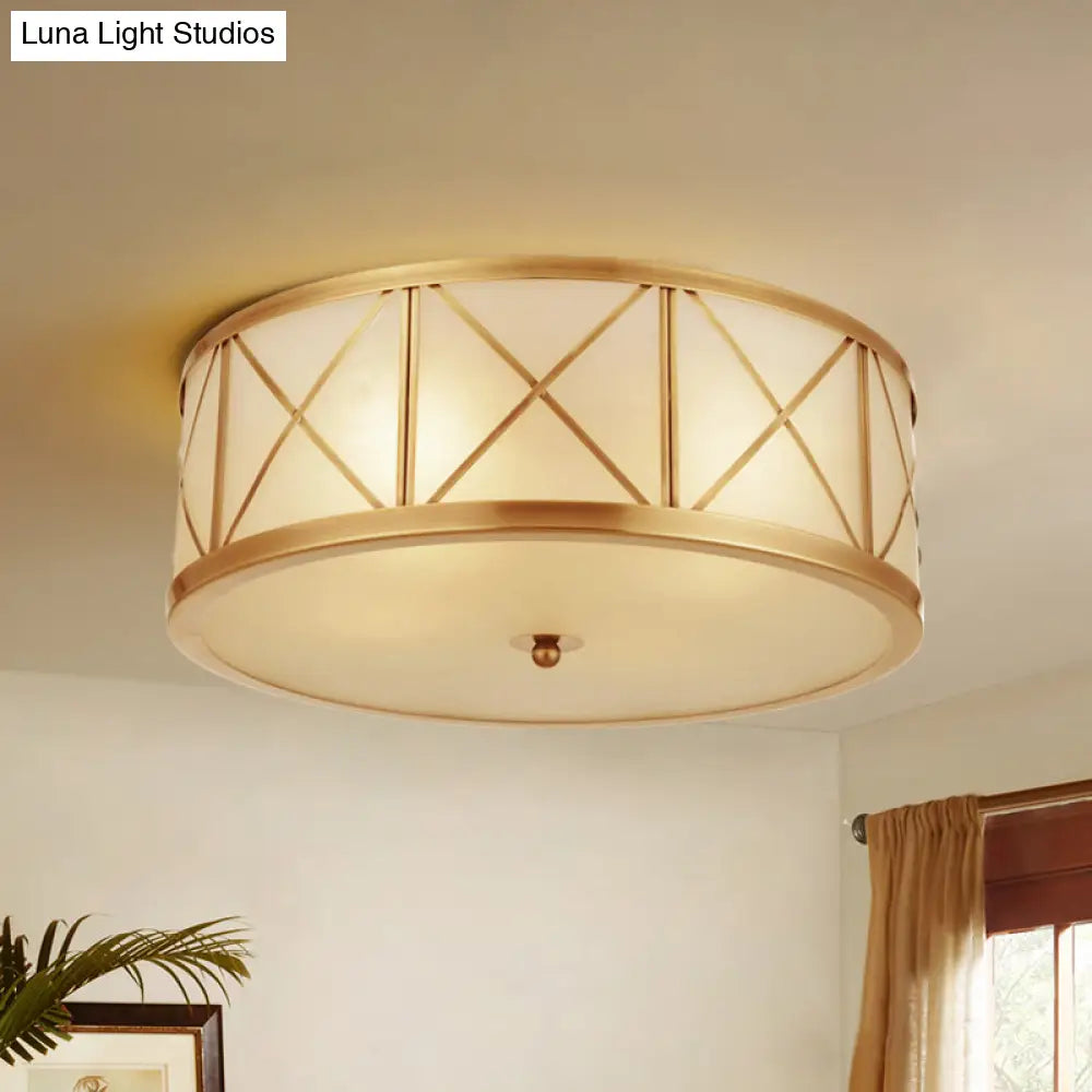 DecorBites™ DecorBites™ Colonial Gold Glass Ceiling Lamp with Trellis Cage - Bedroom Flush Light