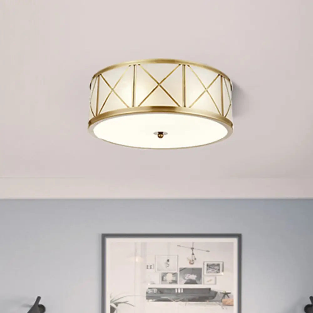 DecorBites™ DecorBites™ Colonial Gold Glass Ceiling Lamp with Trellis Cage - Bedroom Flush Light