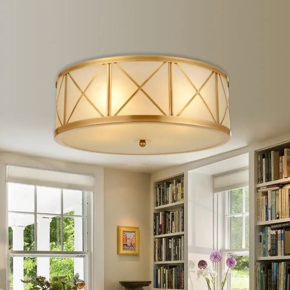 DecorBites™ DecorBites™ Colonial Gold Glass Ceiling Lamp with Trellis Cage - Bedroom Flush Light