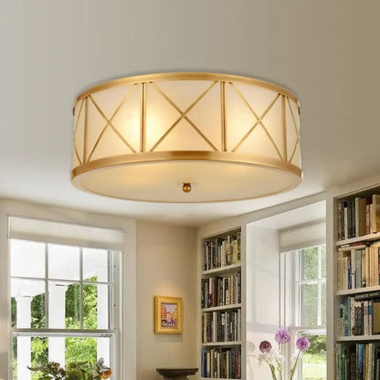 DecorBites™ DecorBites™ Colonial Gold Glass Ceiling Lamp with Trellis Cage - Bedroom Flush Light