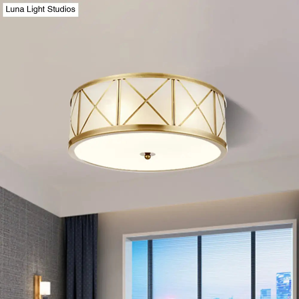 DecorBites™ DecorBites™ Colonial Gold Glass Ceiling Lamp with Trellis Cage - Bedroom Flush Light