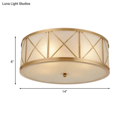 DecorBites™ DecorBites™ Colonial Gold Glass Ceiling Lamp with Trellis Cage - Bedroom Flush Light
