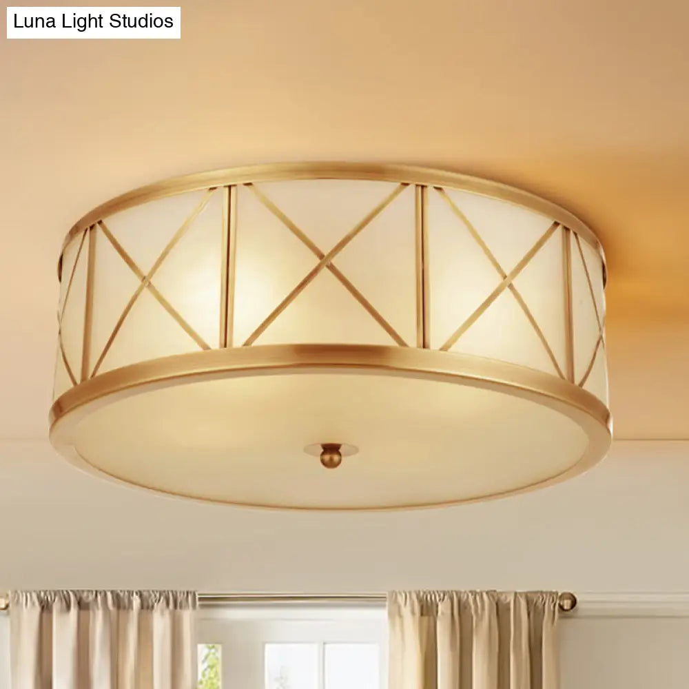 DecorBites™ DecorBites™ Colonial Gold Glass Ceiling Lamp with Trellis Cage - Bedroom Flush Light