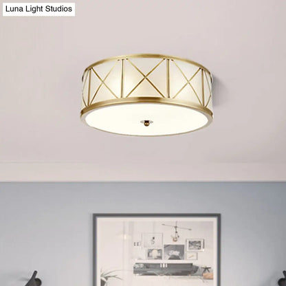 DecorBites™ DecorBites™ Colonial Gold Glass Ceiling Lamp with Trellis Cage - Bedroom Flush Light