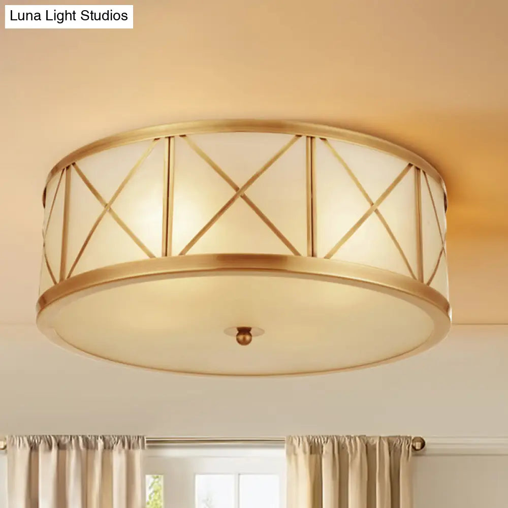 DecorBites™ DecorBites™ Colonial Gold Glass Ceiling Lamp with Trellis Cage - Bedroom Flush Light
