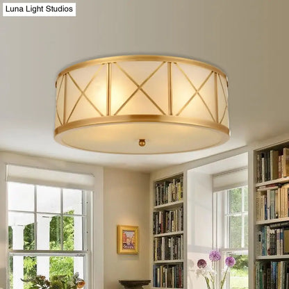DecorBites™ DecorBites™ Colonial Gold Glass Ceiling Lamp with Trellis Cage - Bedroom Flush Light