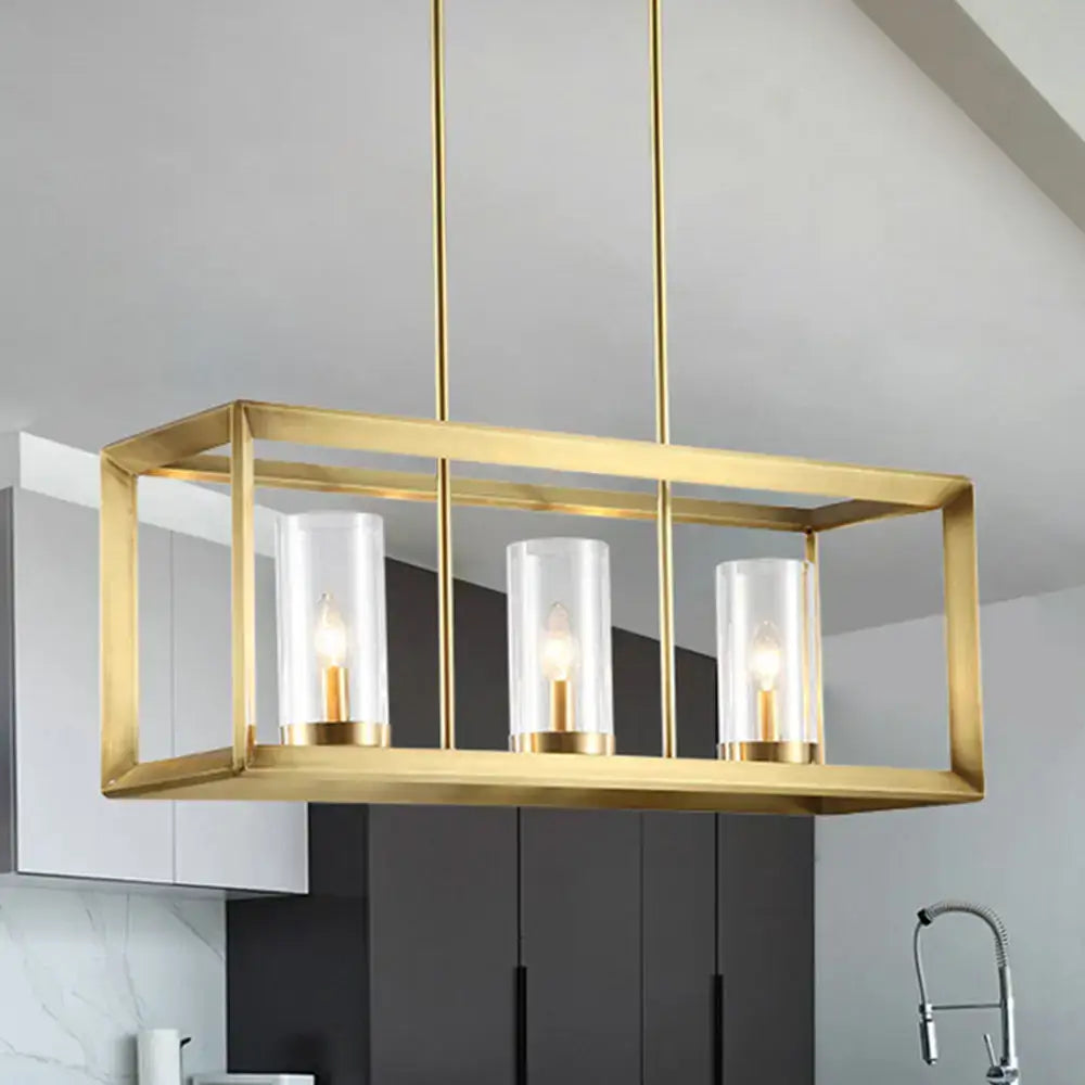 Gold-toned decorbites™ colonial gold island ceiling light with clear glass cylinders and metal cage for 220v-240v 110v-120v use