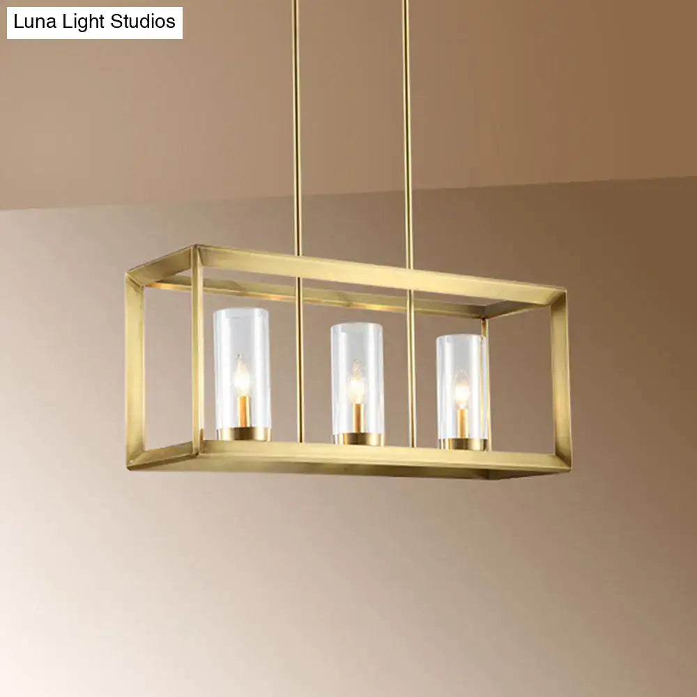 DecorBites colonial gold brass island ceiling light with three clear glass cylinders housing illuminated bulbs 220v-240v 110v-120v