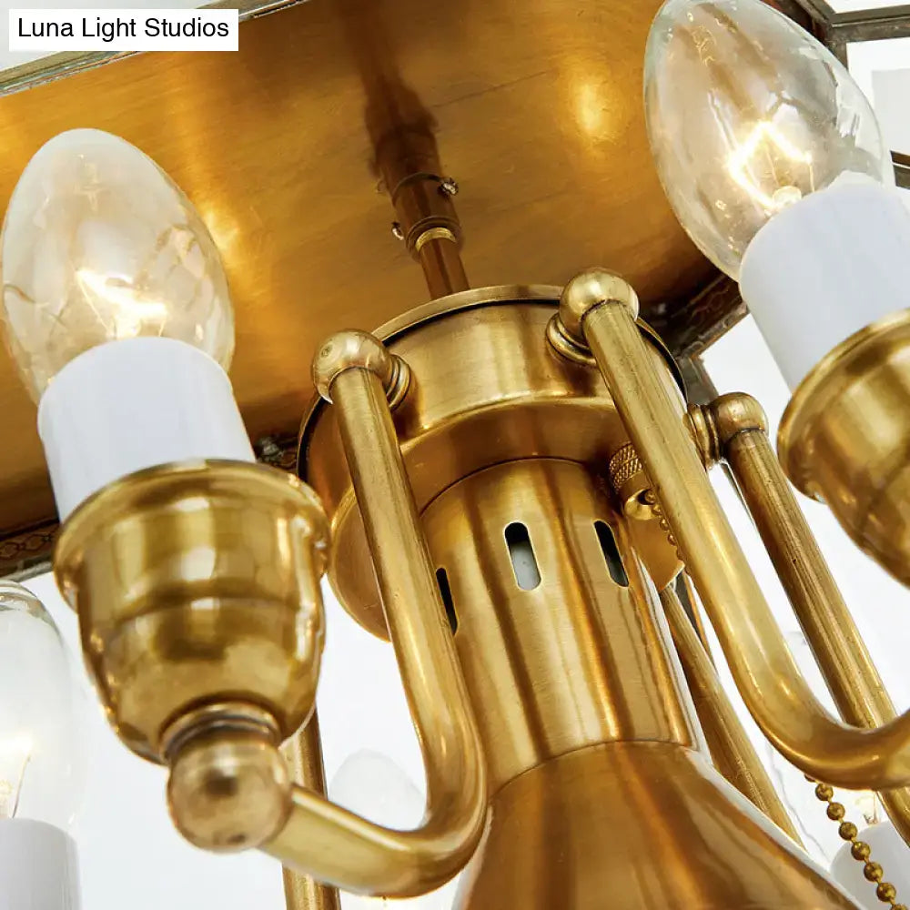 Brass chandelier with opal blown glass shades and gold finish for living room featuring eight candelabra-style bulbs