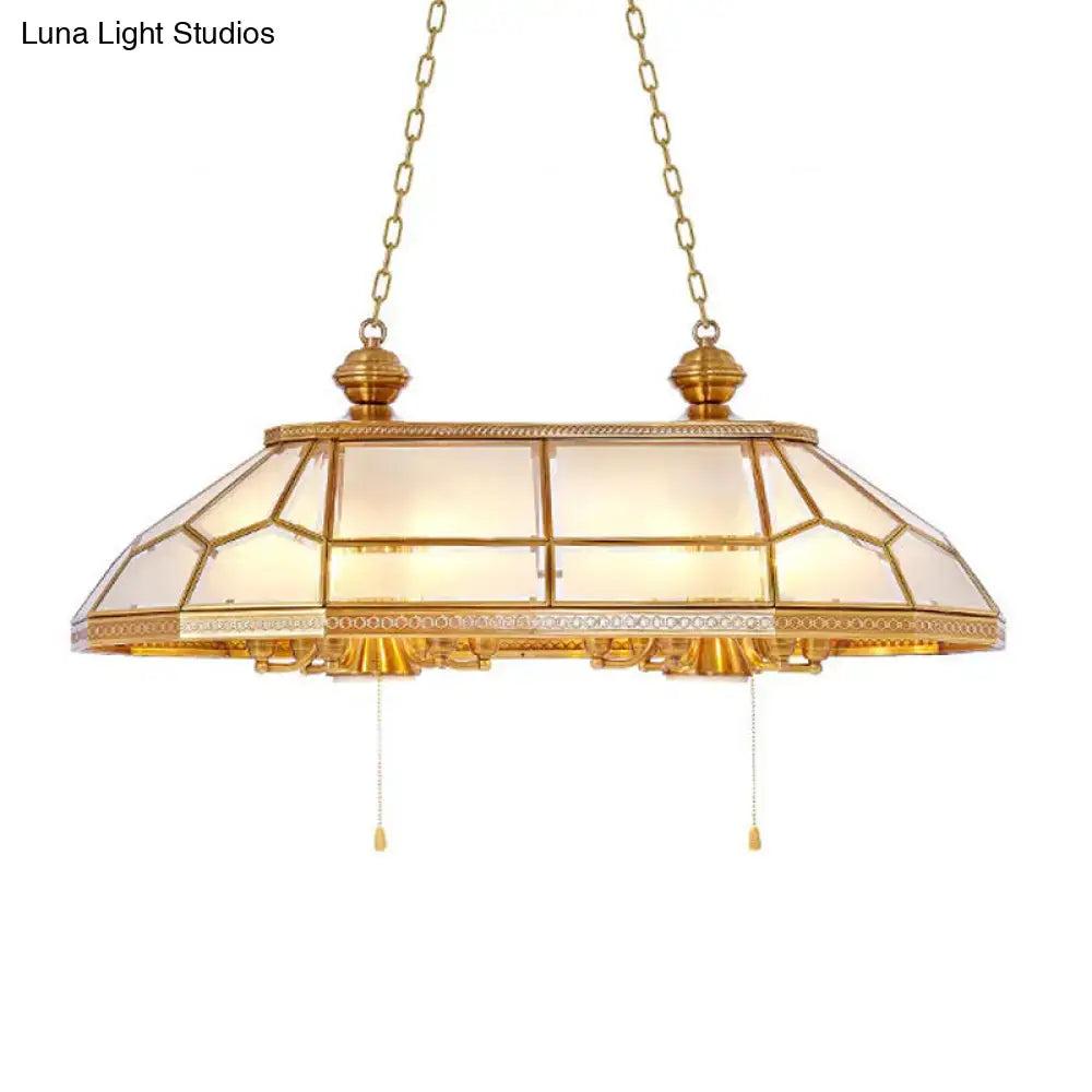 Gold-toned 8-head hanging pendant light with opal blown glass and geometric stained-glass design for living room