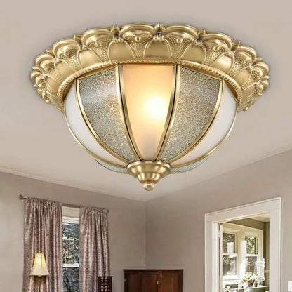 DecorBites™ DecorBites™ Colonial Gold & White Flush Ceiling Light with Textured Glass - 2-Bulb Domed Mount