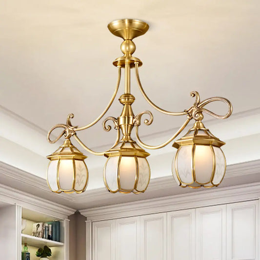 DecorBites™ Colonial Lantern Island Light Fixture - 3-Light Ivory Glass Suspension Pendant in Gold for Dining Room