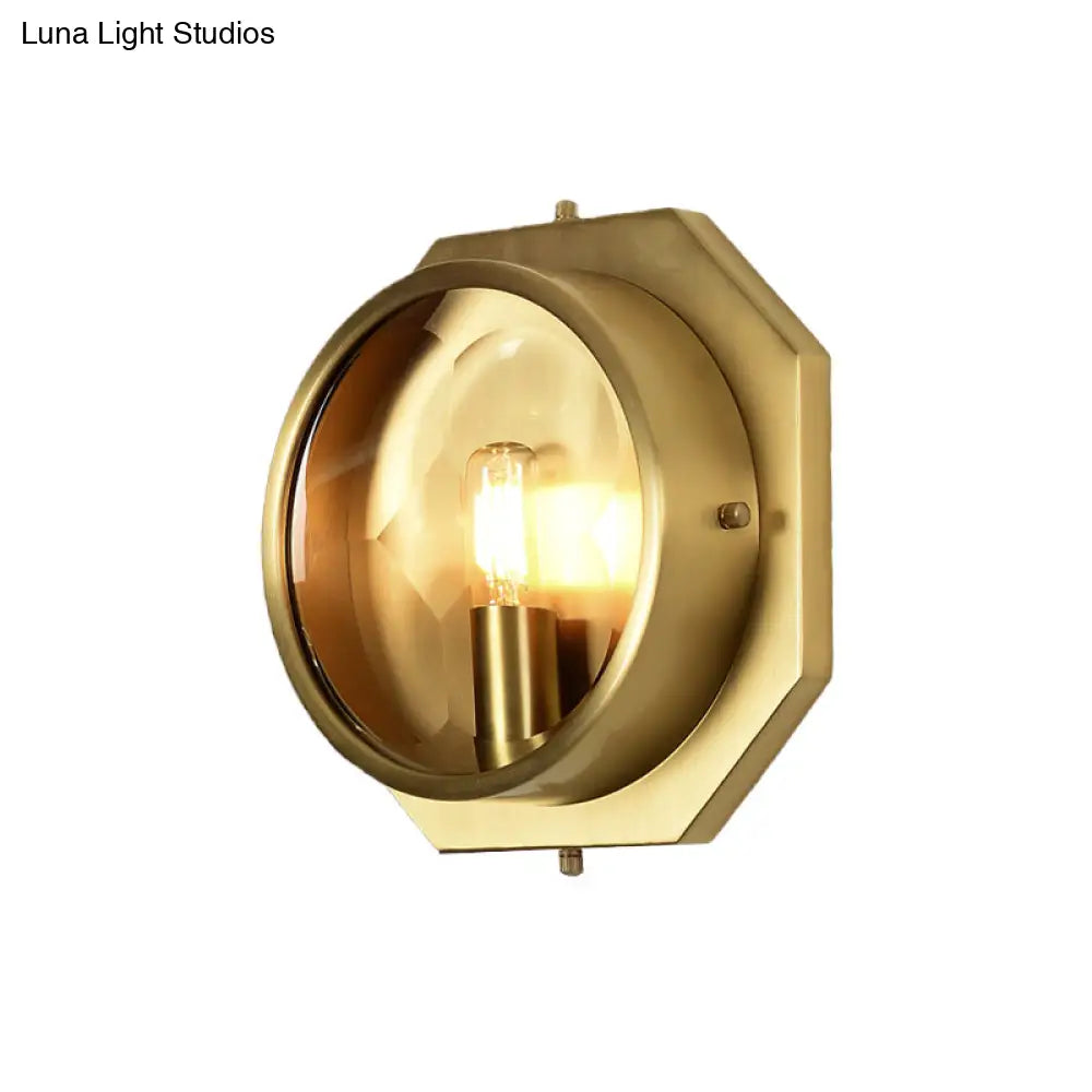 Colonial Octagon Wall Mounted Gold Sconce with Crystal Accent - 1 Head Metal Light Fixture for Bedroom