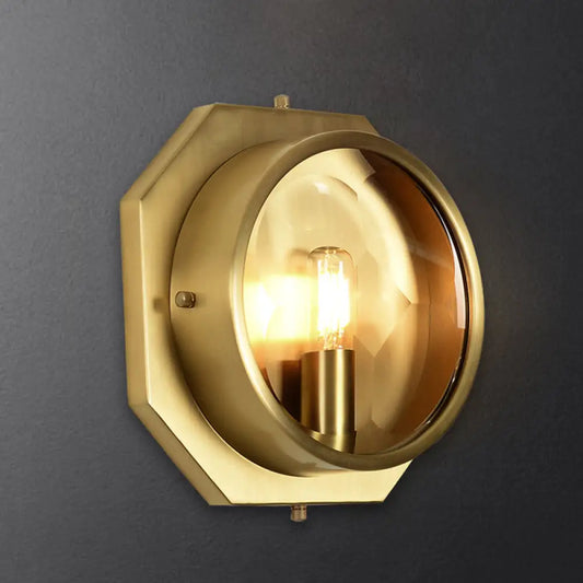 Colonial Octagon Wall Mounted Gold Sconce with Crystal Accent - 1 Head Metal Light Fixture for Bedroom