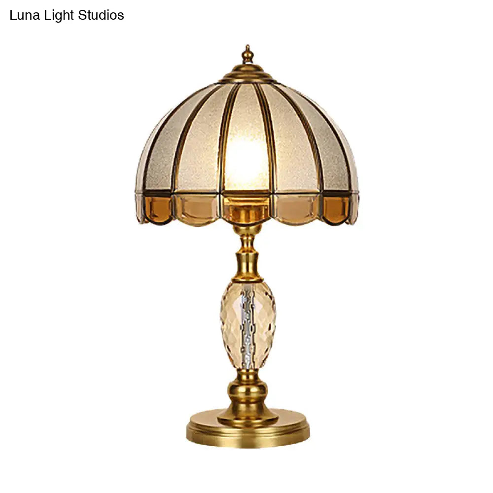 Colonial Scalloped Opal Glass Nightstand Lamp - Gold with Crystal Drop