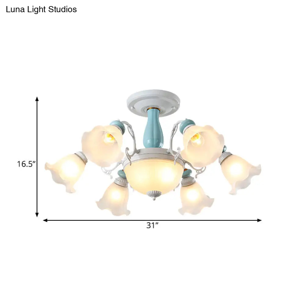 DecorBites™ DecorBites™ Colonial Style 8-Bulb Flower White Glass Semi Flush Ceiling Lamp with Ceramic Detail - Elegant Lighting Fixture