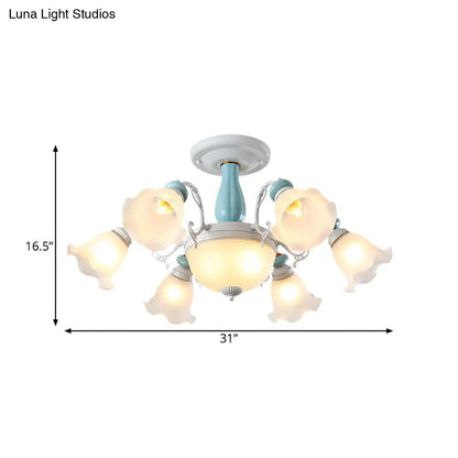DecorBites™ DecorBites™ Colonial Style 8-Bulb Flower White Glass Semi Flush Ceiling Lamp with Ceramic Detail - Elegant Lighting Fixture