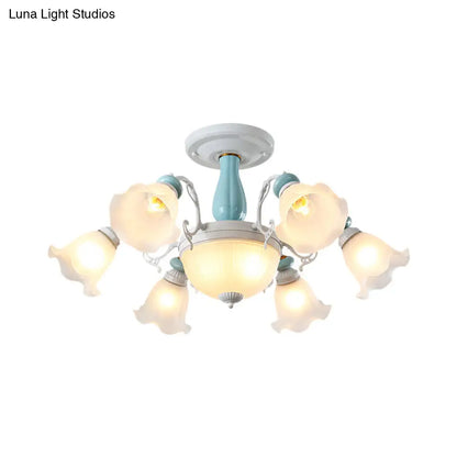 DecorBites™ DecorBites™ Colonial Style 8-Bulb Flower White Glass Semi Flush Ceiling Lamp with Ceramic Detail - Elegant Lighting Fixture